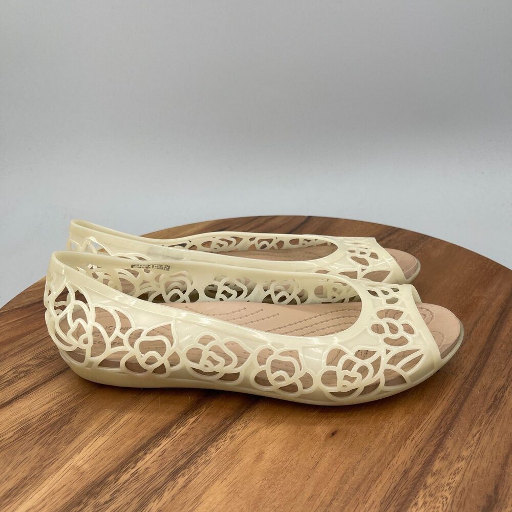 Crocs Isabella Jelly Flats Peep Toe Womens Size 10 Beige Casual Comfort Walking